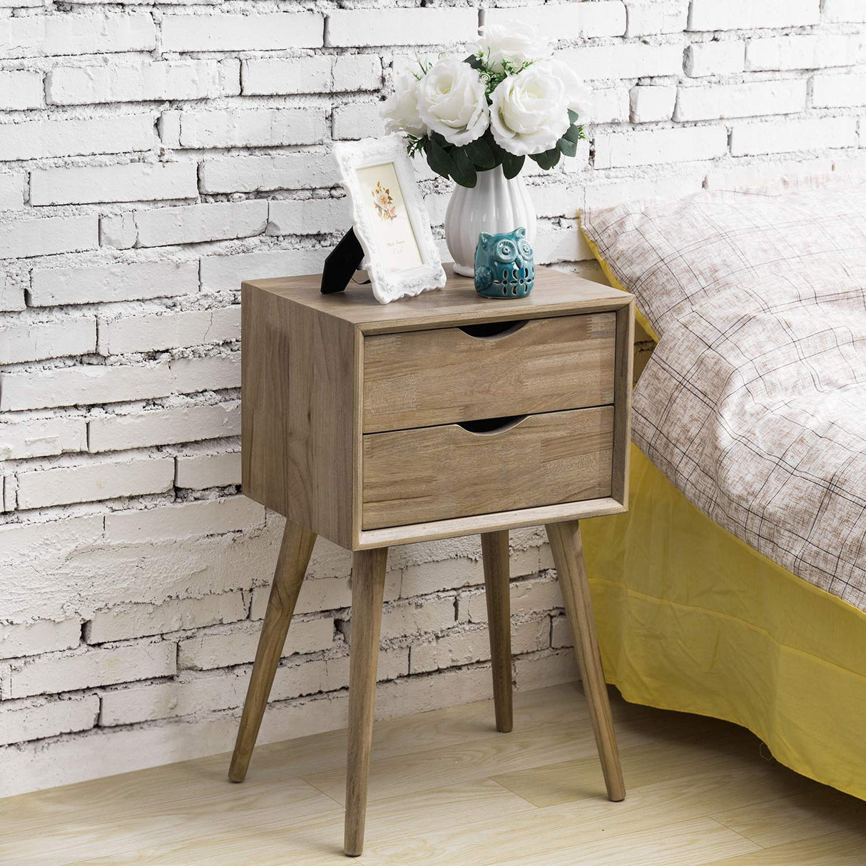 Solid Brown Wood Mid Century Modern Nightstand Side Table End Table with 2 Pull Out