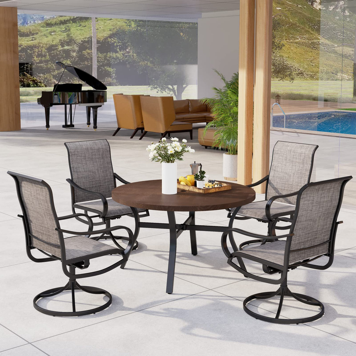 ,4 Sling Dining Swivel Chairs and 48" Round Metal Wood