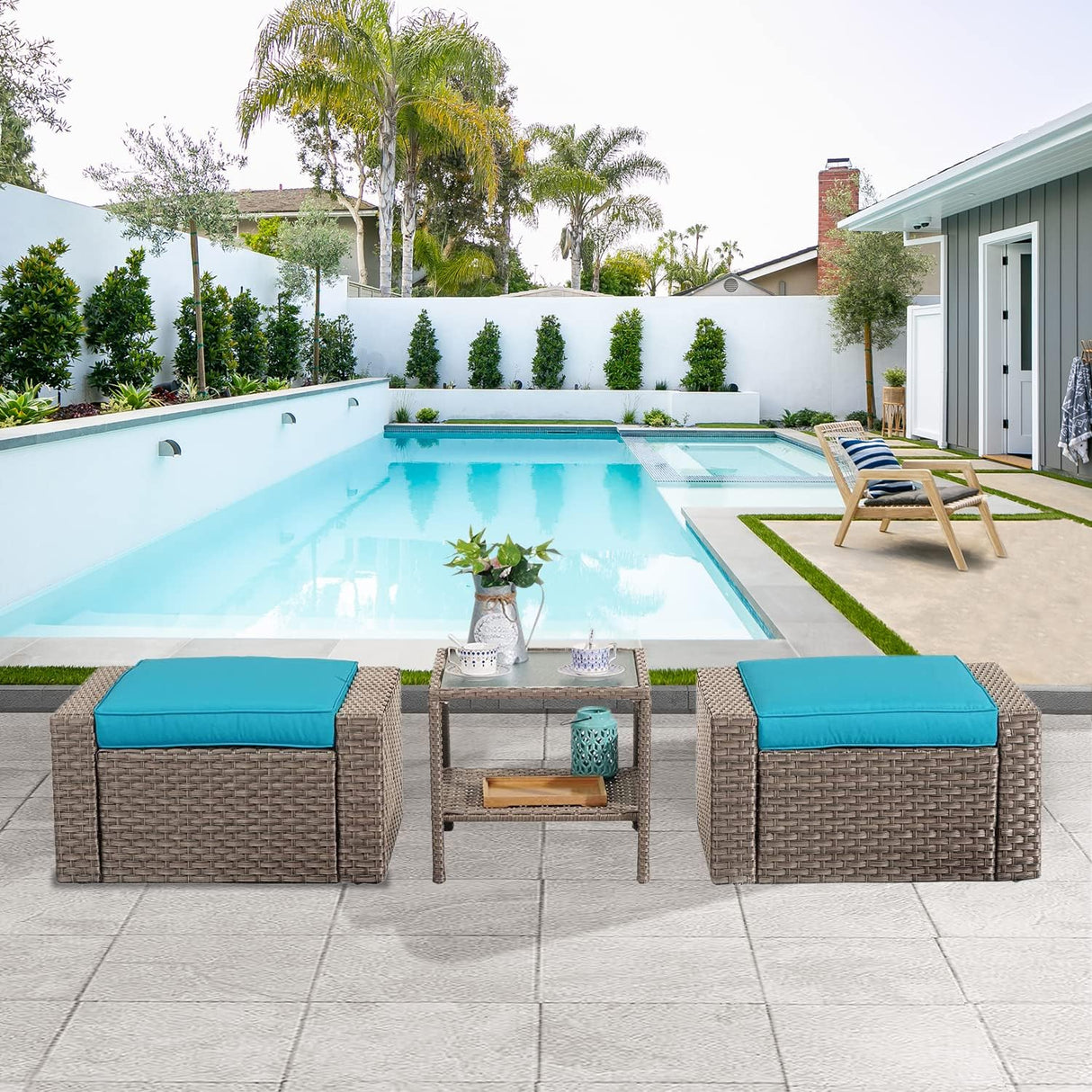 All Weather Outdoor Ottoman Set of 2 with Glass Coffee Table