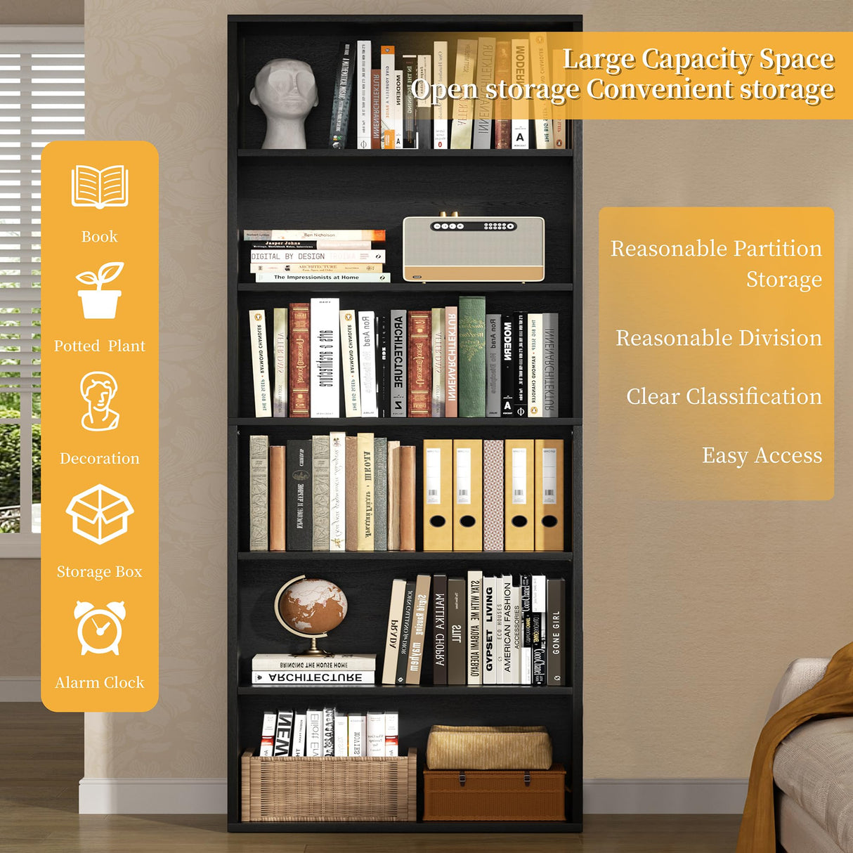 Shintenchi Bookshelf,6-Tier Open Bookcase and Bookshelves,6 Shelf Display Storage Shelves Floor Standing 70.6 inches Tall Bookcase for Home Office, Living Room (Black)