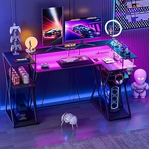 47 inch Gaming Desk with LED Lights & Power Outlets, Corner Computer Desk