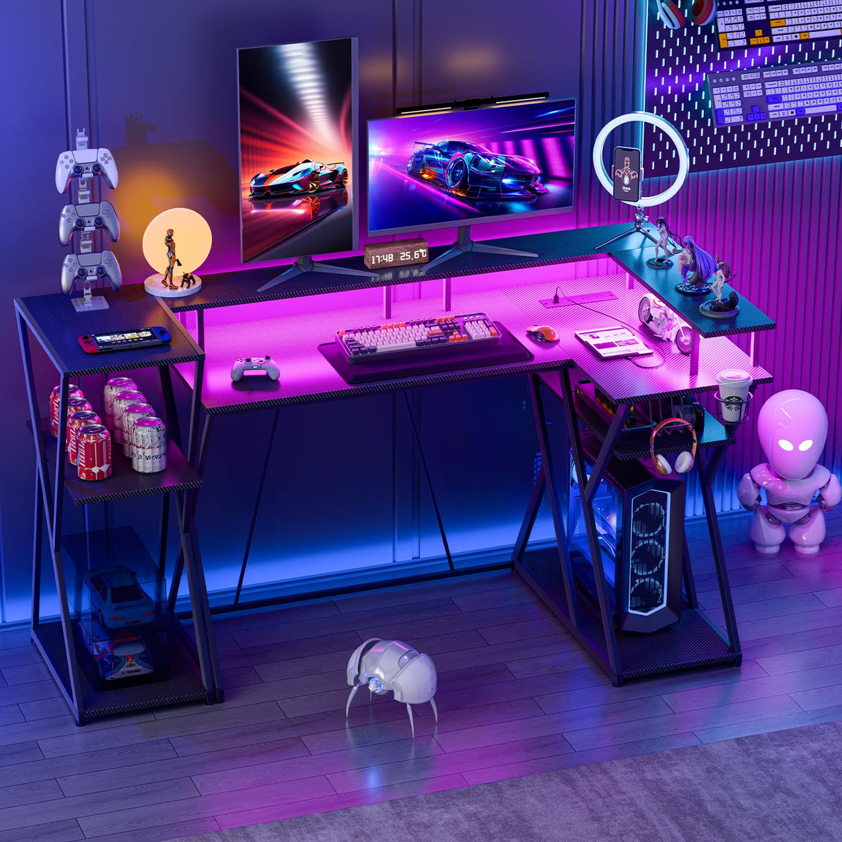 47 inch Gaming Desk with LED Lights & Power Outlets, Corner Computer Desk
