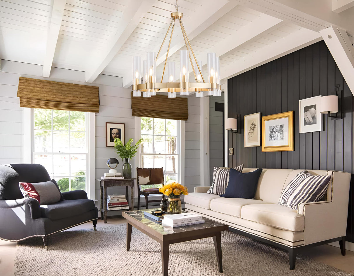 Wagon Wheel Chandelier 8-Light Glass Pendant Light, Industrial Modern Golden Pendant