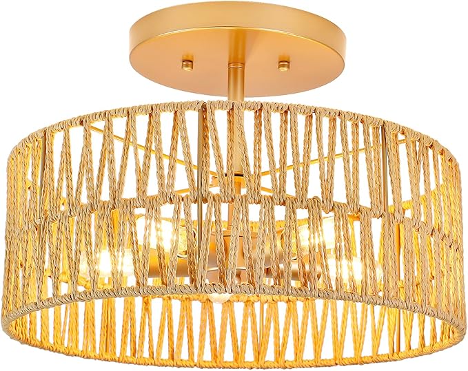 5-Light Rattan Ceiling Light Fixture, 16" Round Boho Flush Mount Ceiling Lights