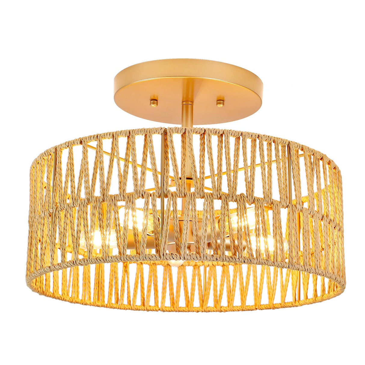 5-Light Rattan Ceiling Light Fixture, 16" Round Boho Flush Mount Ceiling Lights