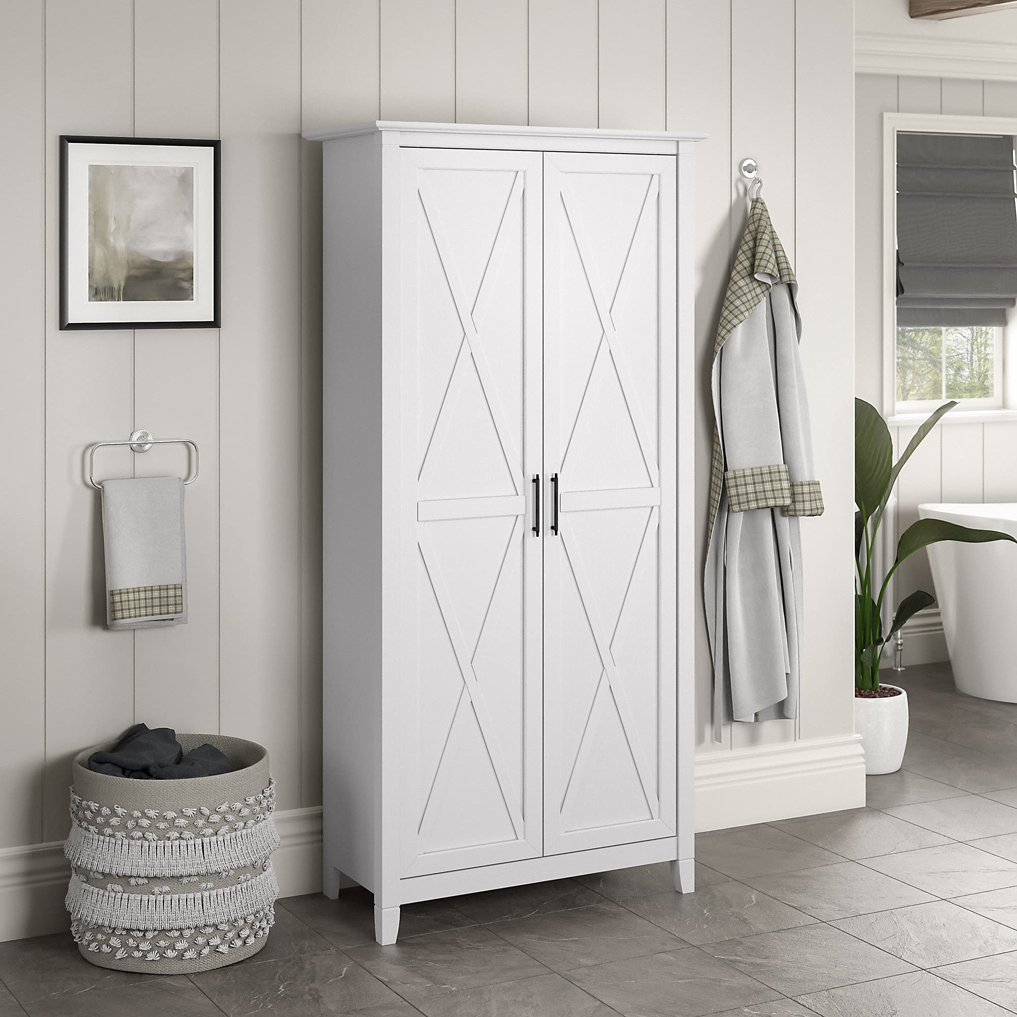 Bush Furniture Key West Bathroom Storage Cabinet with Doors in Pure White Oak