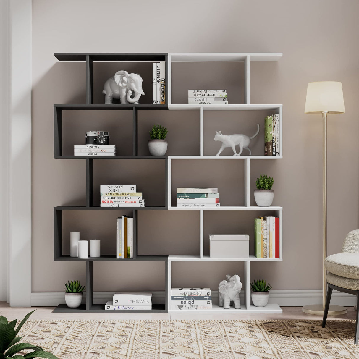 Set of 2 Geometric Bookcase, S-Shaped Modern Bookshelf, Room Divider Bookshelf, 62" Tall Unique Abstract Bookcase with 5-Tier Display Shelf for Living Room Office, White & Black