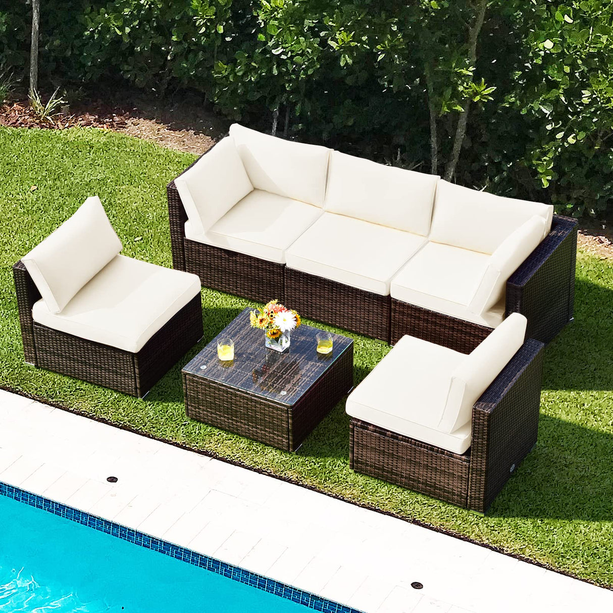 6-Piece Outdoor Wicker Patio Furniture Conversation Set with Glass Coffee Table