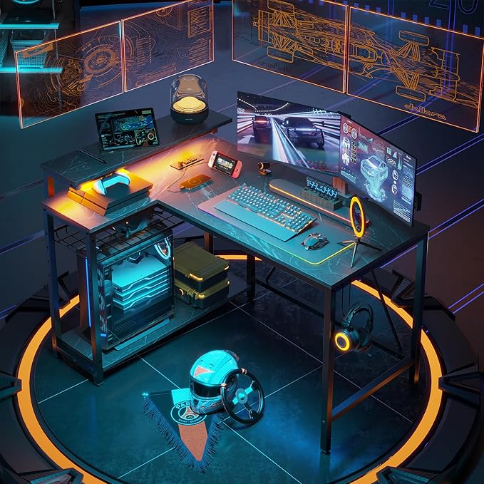 Gaming Desk with Power Outlets, 42" L-Shaped Gaming Desk with LED Lights