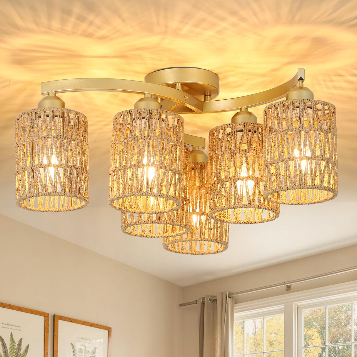 Gold Ceiling Light Fixture, Hand-Woven Rattan Flush Mount Ceiling Light, Bedroom