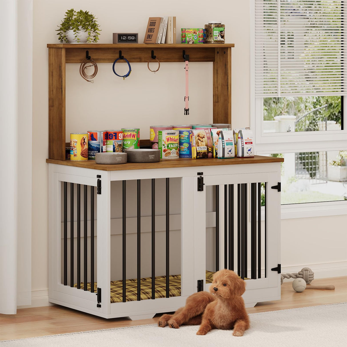 White Wooden Dog Crate Furniture with Storage Shelf & 4 Hooks