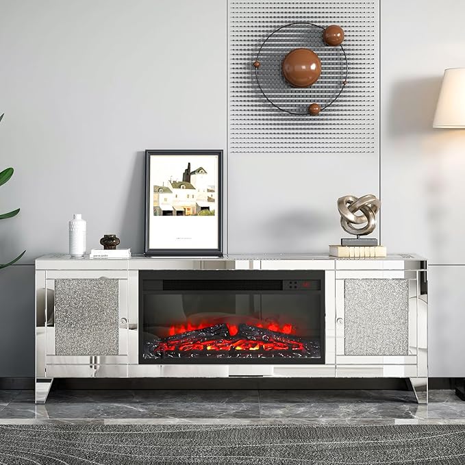 Fireplace TV Stand, Mirrored Silver TV Stand for 65 Inch TVs, Tall TV Stands Entertainment