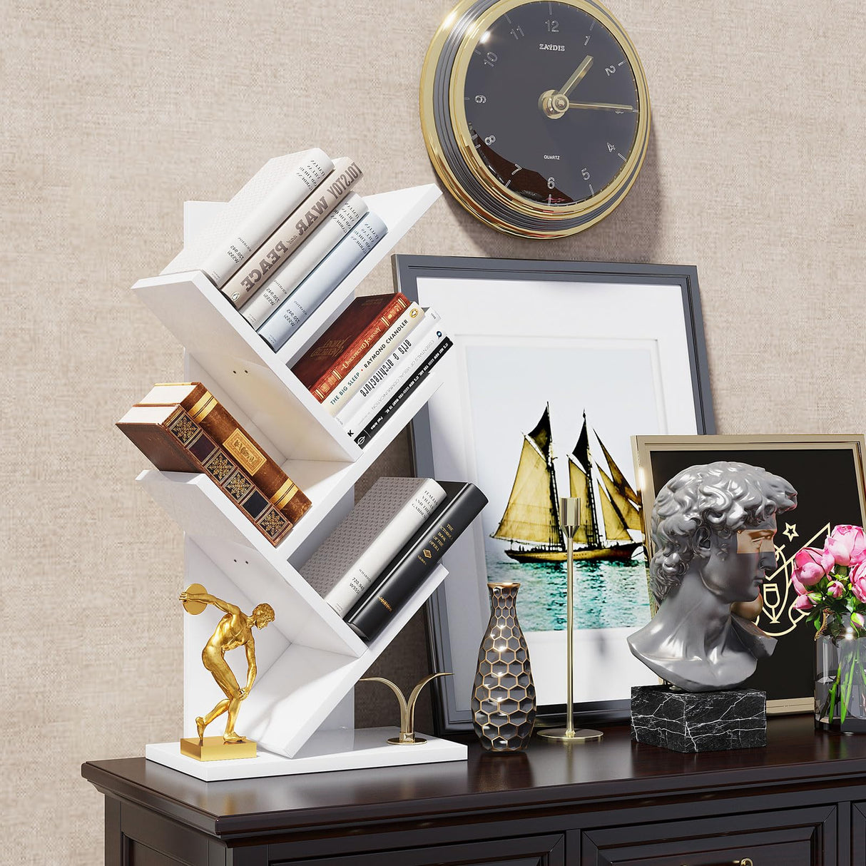 YMYNY 4 Tier Tree Bookshelf, Small Bookcase, Modern Wood Book Storage Rack, Freestanding Book Shelf for Books/Movies/CDs, Narrow Display Rack for Living Room, Home Office, White UHBC014W