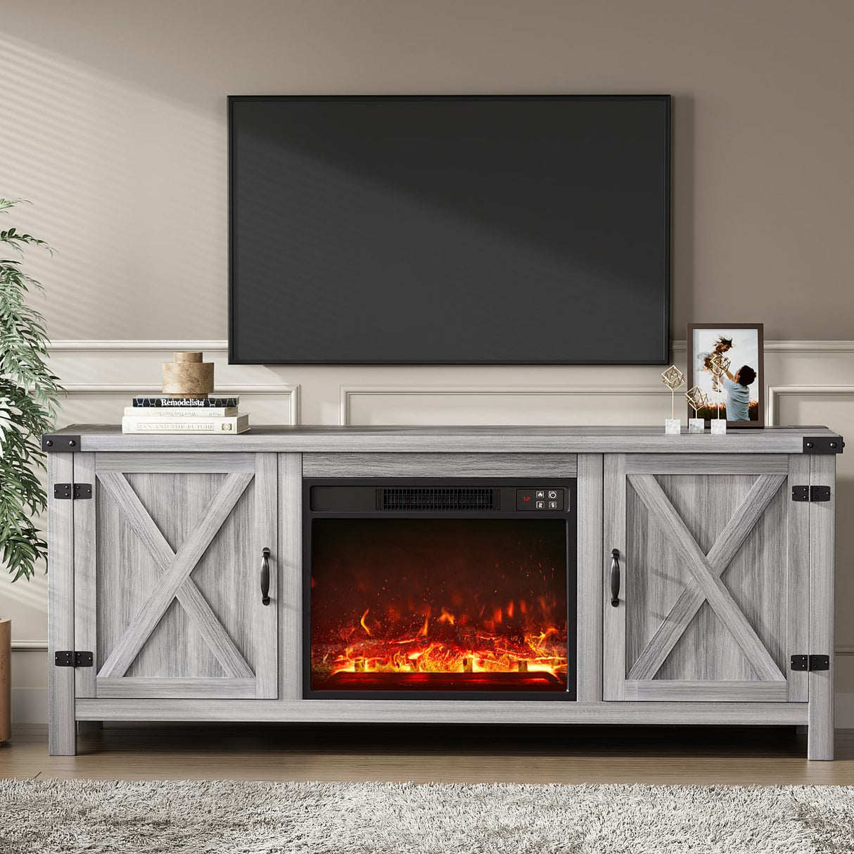 Fireplace TV Stand with Two Barn Doors and Storage Cabinets for Televisions up to 65