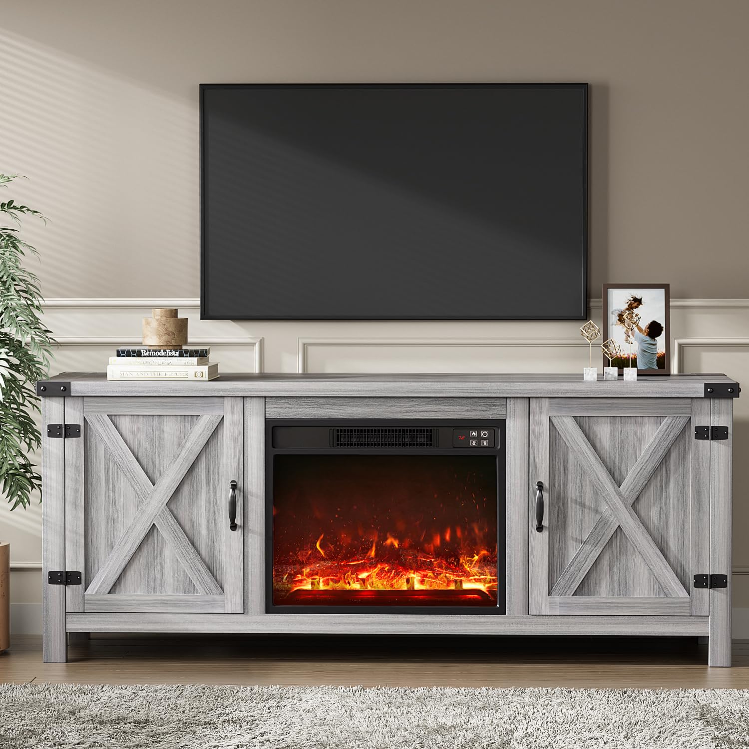 Fireplace TV Stand with Two Barn Doors and Storage Cabinets for Televisions up to 65