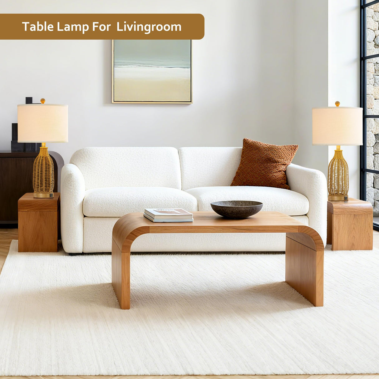 24.5" Rattan Table Lamps Set of 2 with USB Charging Ports