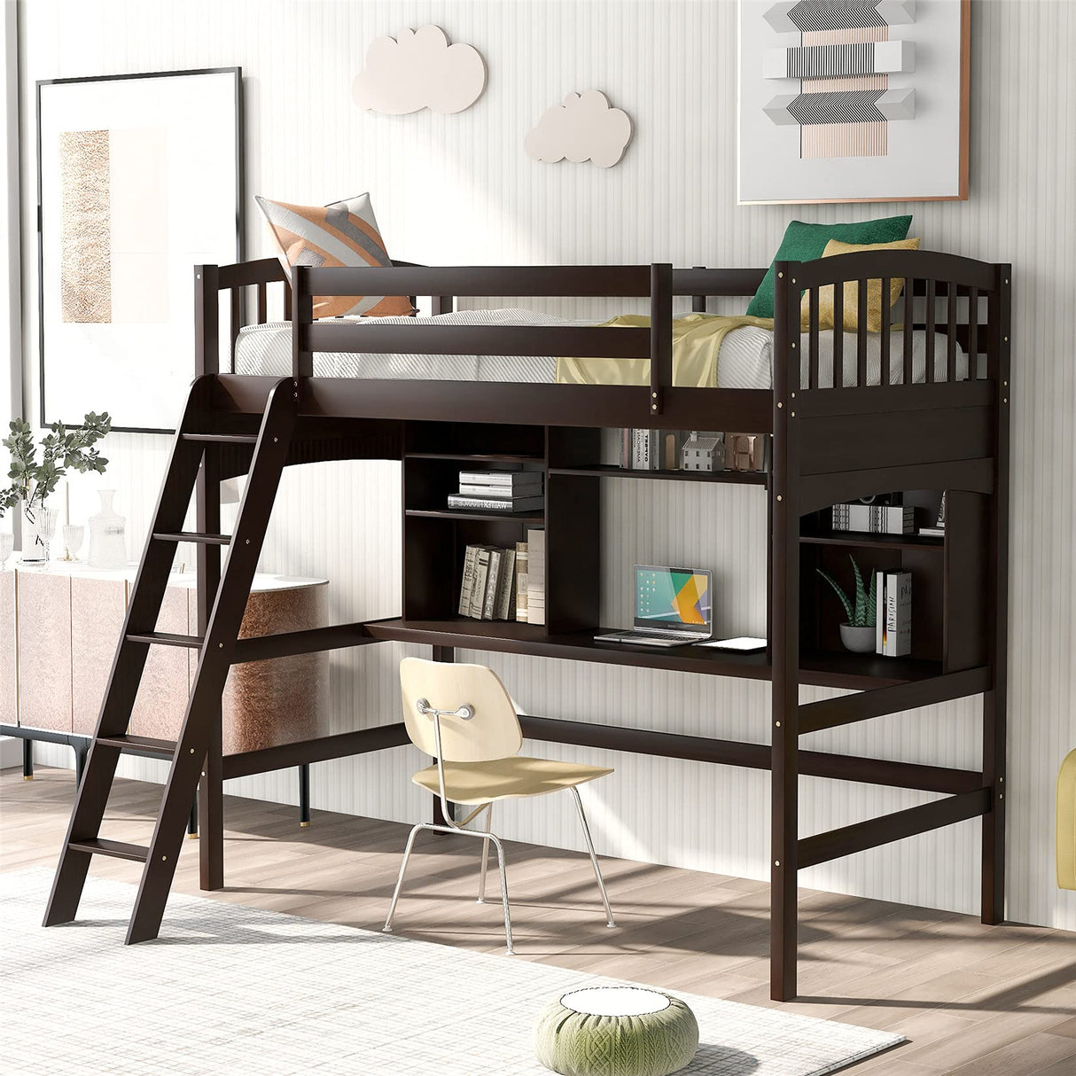Kids Loft Beds, Twin Loft Bed with Desk, Wood High Loft Bed with Bookcase Shelves for Dorm, Boys & Girls Teens Adults, Espresso