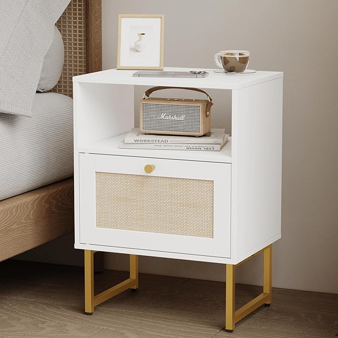 Rattan Nightstand,Farmhouse Bedside Table with Storage Drawer and Open Shelf