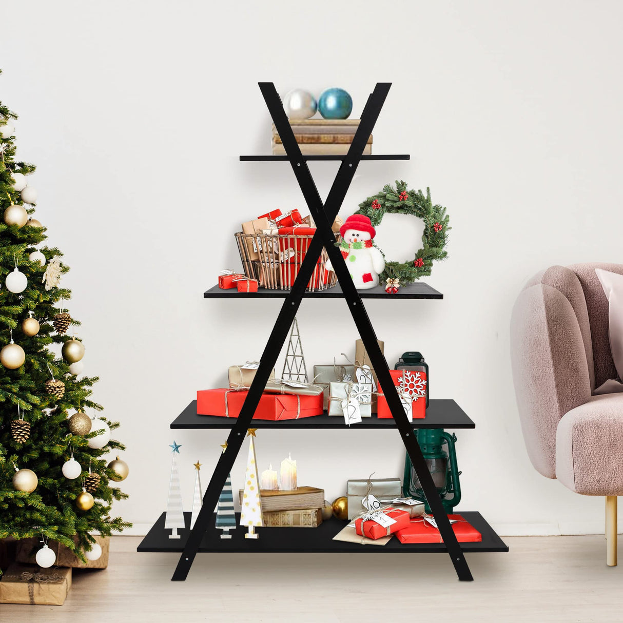 A Frame Bookshelf Storage Shelves, 4 Tier Ladder Bookcase Free Standing