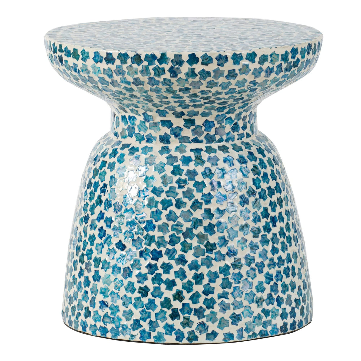 Ivy 16 Inch Round End Side Table, Bamboo Platform, Mosaic, Blue and White