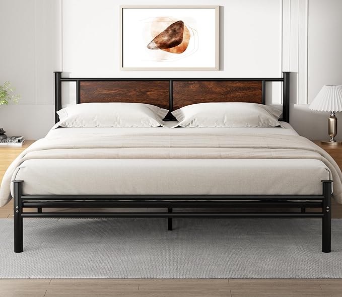 King Size Bed Frame with Rustic Wood Headboard