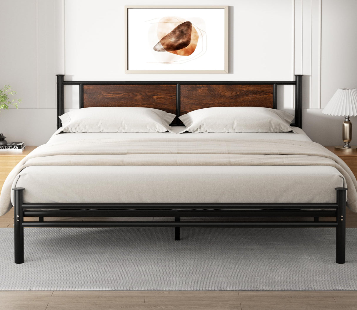 King Size Bed Frame with Rustic Wood Headboard