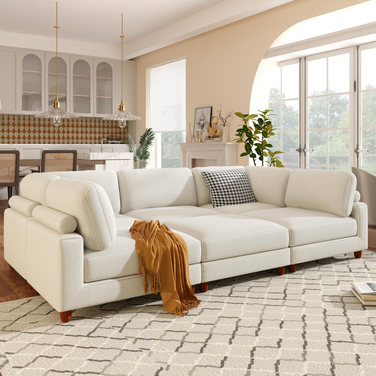 Jintop 163" Modular Sectional Sofa,L-Shape Convertible Corner Couch with Ottoman,6-Seater Sleeper Sofa-Bed w/Wooden Legs,Living Room Furniture for Apartment,Office,Beige