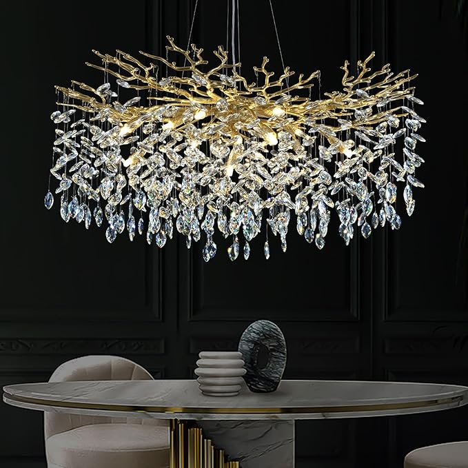 Modern Crystal Chandeliers for Dining Room, 40" Round Gold Tree Branches Chandeliers