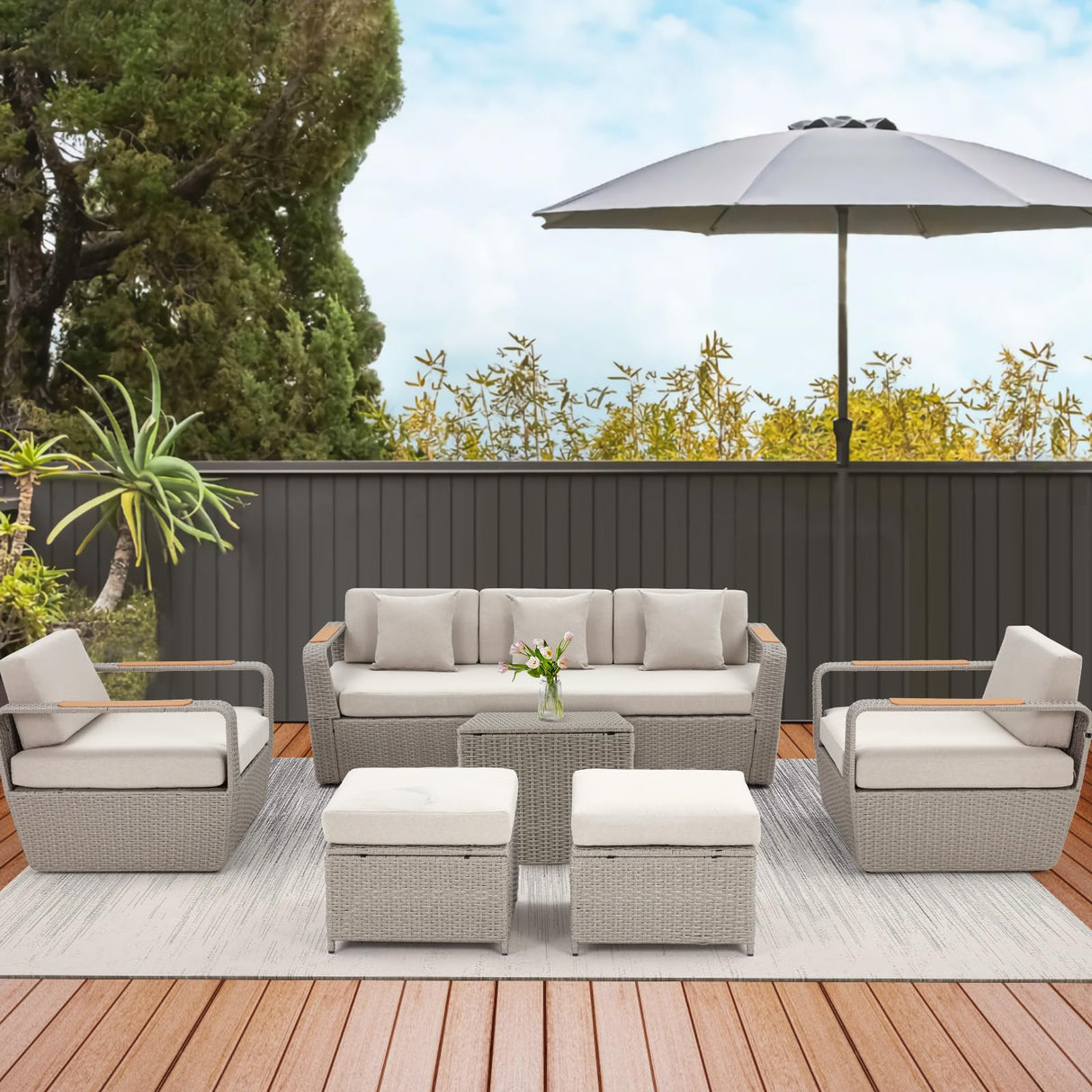 6 Pieces Patio Furniture Set, Outdoor Sectional Conversation Rattan Sofa Set