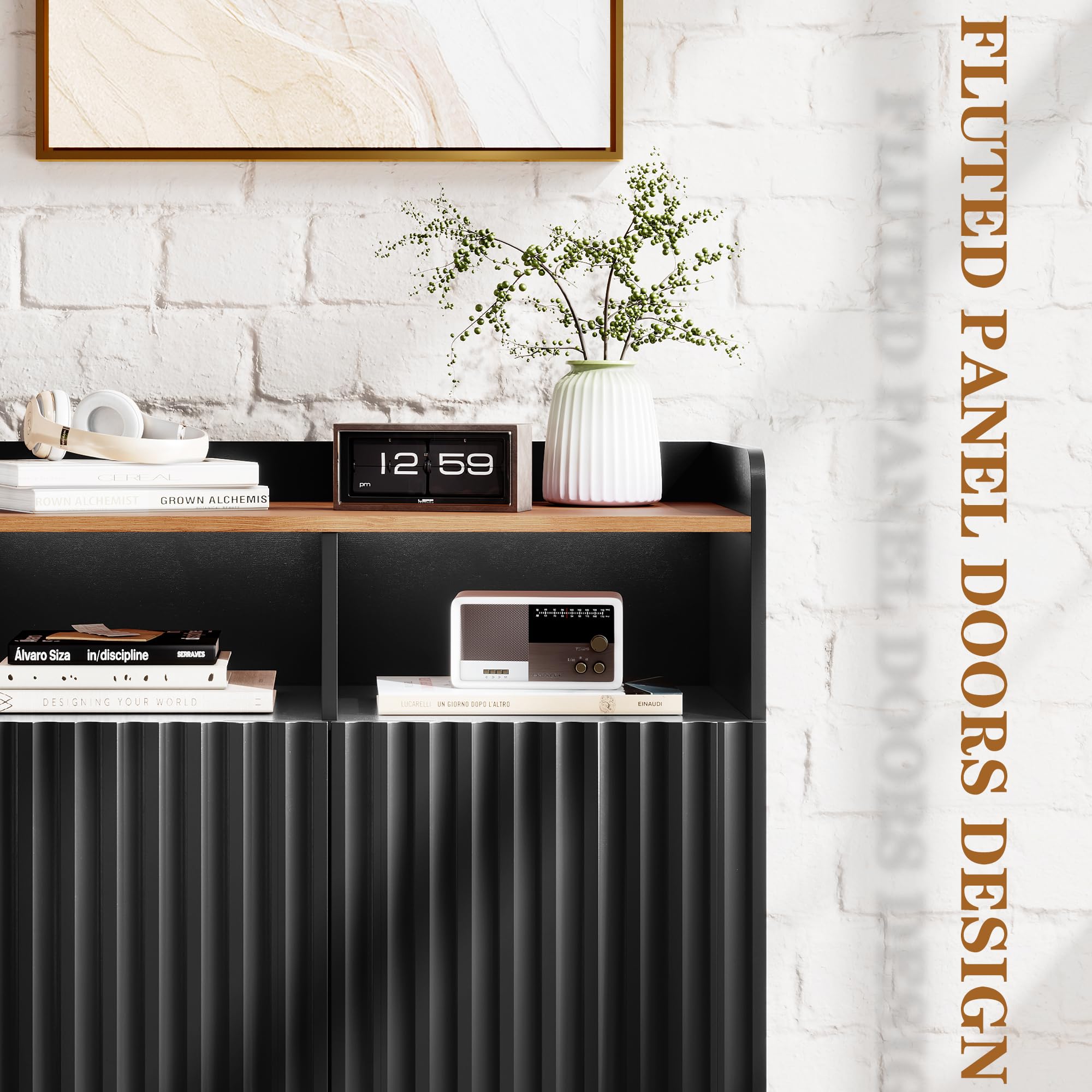 Fluted Storage Cabinet with 2 Doors, Modern Rustic Industrial Accent Cabinet