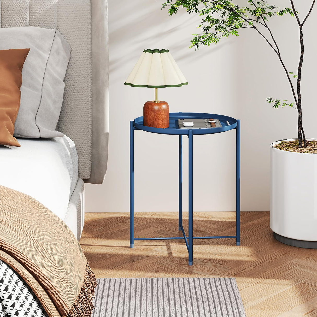 Round Metal Side Table, Outdoor Small Folding Accent Stand with Removable Tray