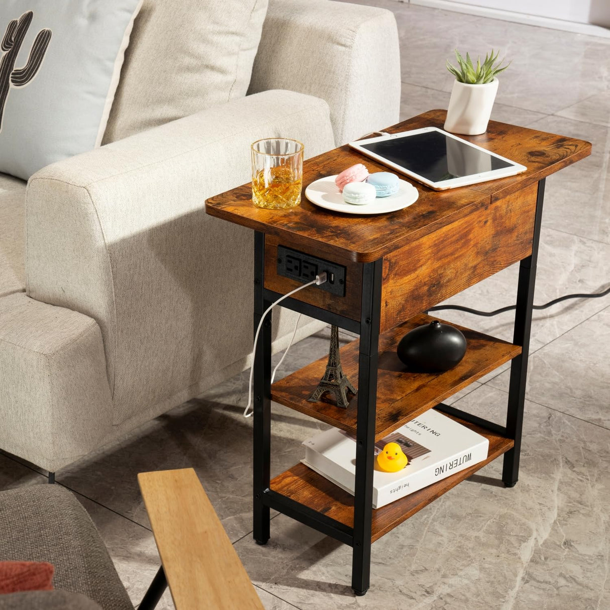 ChargeNest Flip-Top End Table with USB & AC Power Station