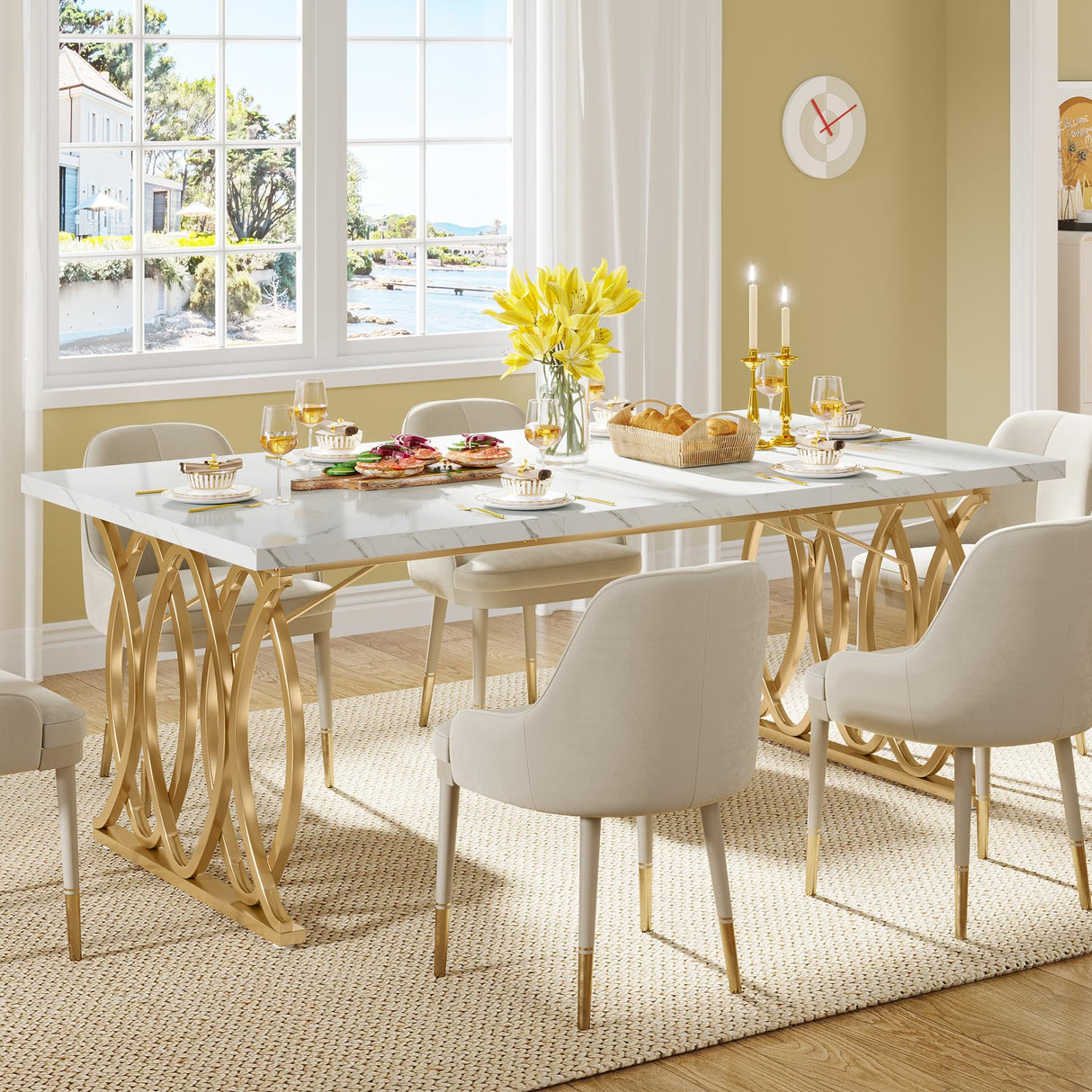 Modern Dining Table, 63" Large Kitchen Table for 4-6 People, Unique Rectangular Dinner Table Kitchen & Dining Room