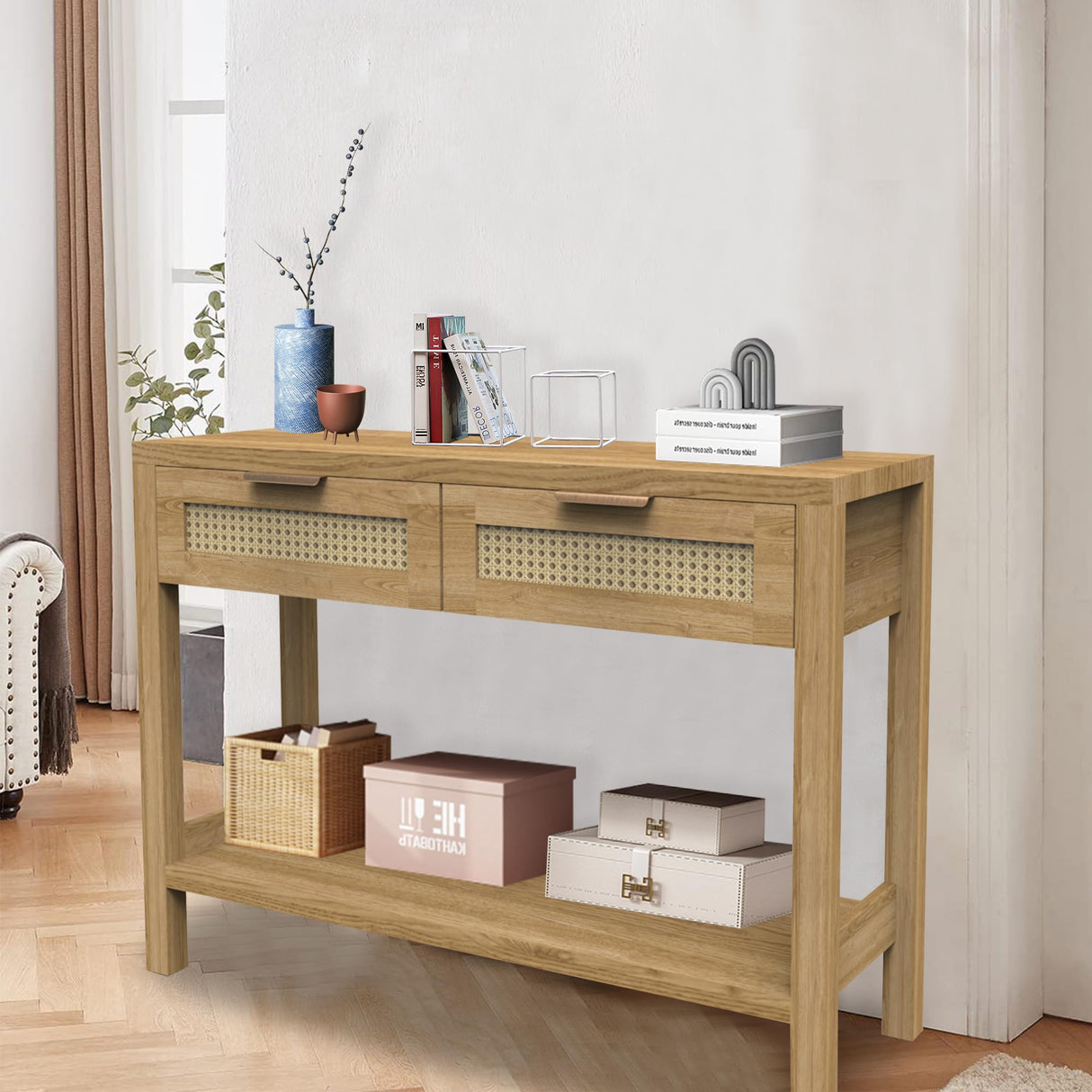 BTDWI Rattan Console Table for Entryway, Boho Narrow Entry Tables with Storage Shelf and 2 Drawers for Living Room, Hallway, Entry, Natural Wood