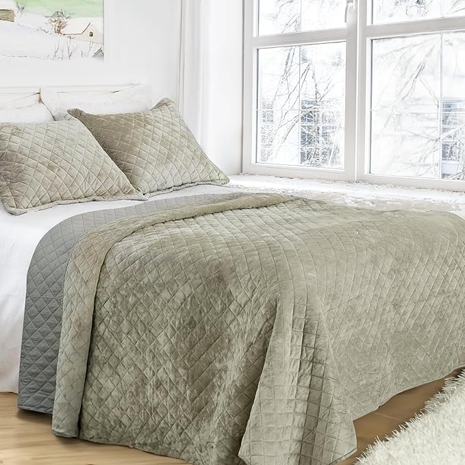 Luxury Velvet Queen Quilt Set, Ultra Soft Lightweight Velvet Comforter Set