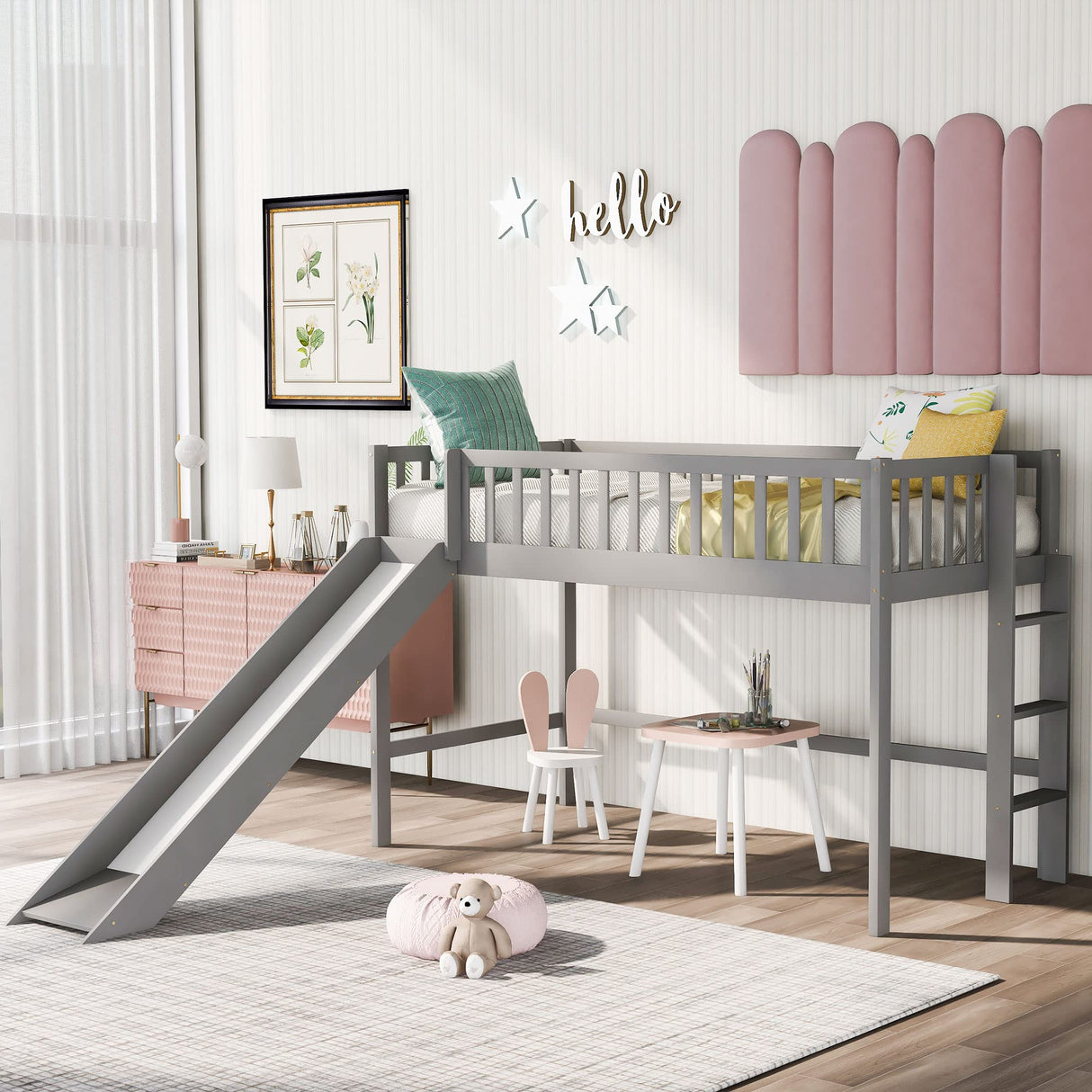 Twin Loft Bed with Slide,Wood Loft Bed Low Profile
