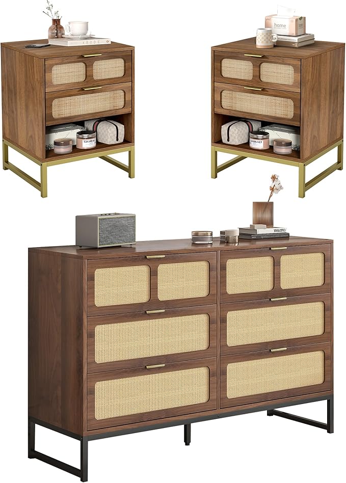 3 Piece Bedroom Set with 6 Drawer Dresser and Nightstand Sets Boho Bedroom