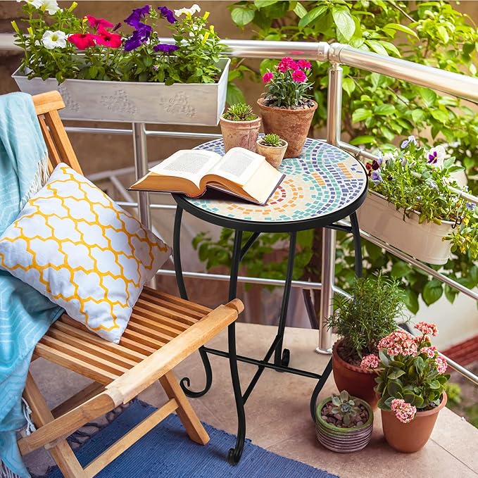 Mosaic Outdoor Side Table, 14" Round End Table, Accent Table, Plant Stand Ideal