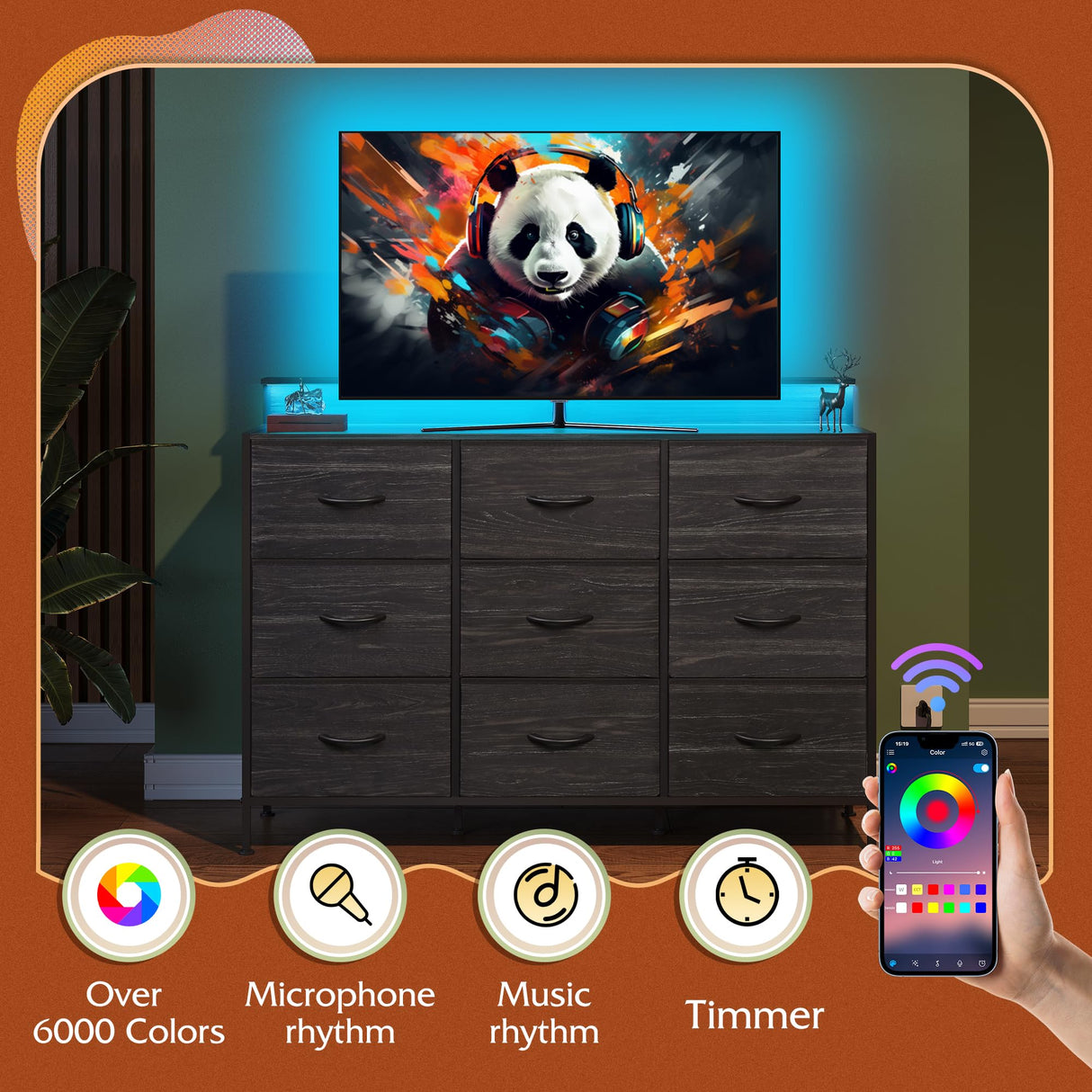 WLIVE Black Dresser TV Stand for 50, 55 inch, Led Dresser for Bedroom, Chest of Drawers with LED Lights, Charging Station, Clothes Storage with 9 Drawers, Wood Top, Living Room, Closet