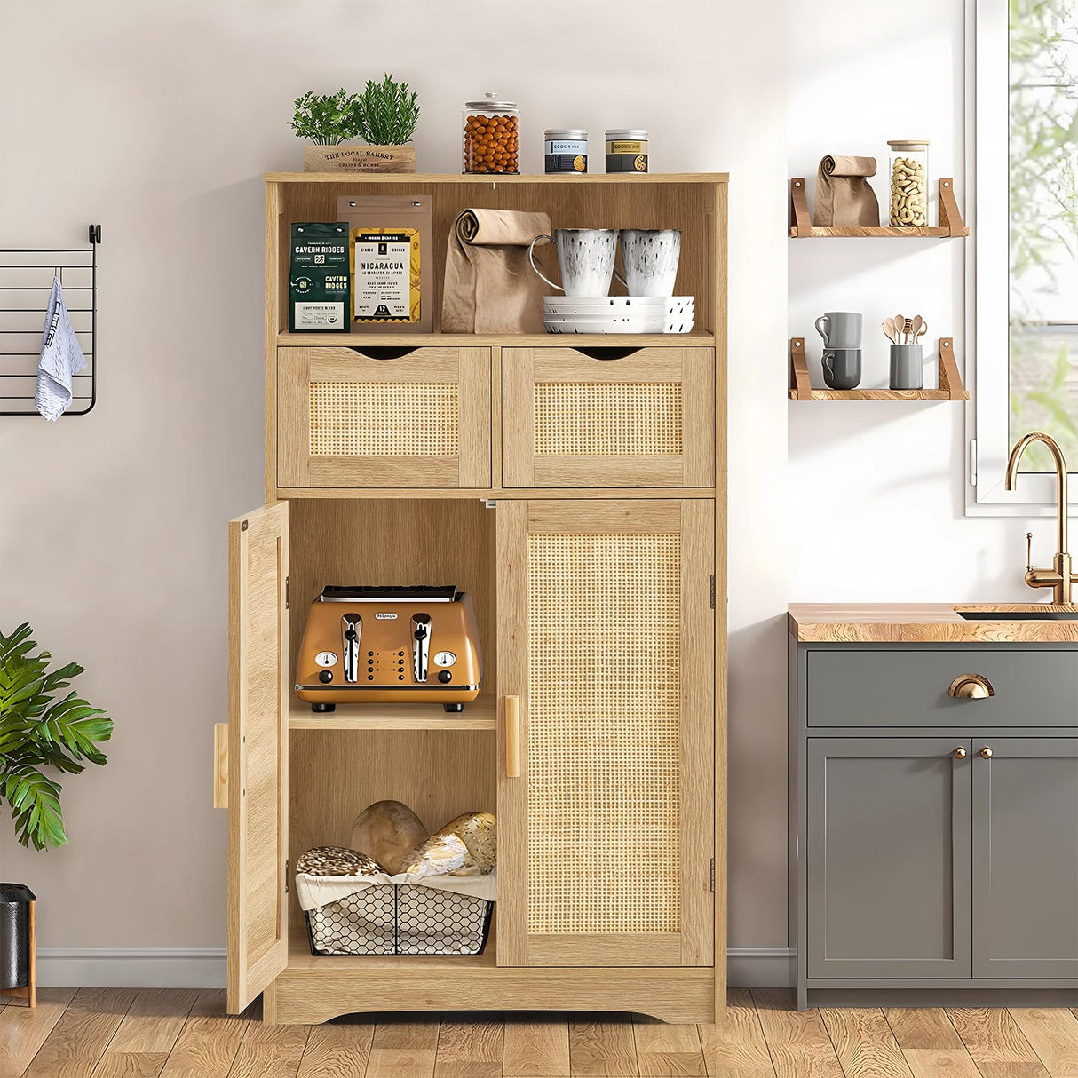 Cabinet, Bathroom Cabinet with 2 Rattan Doors & Rattan Cabinet with Doors, Accent