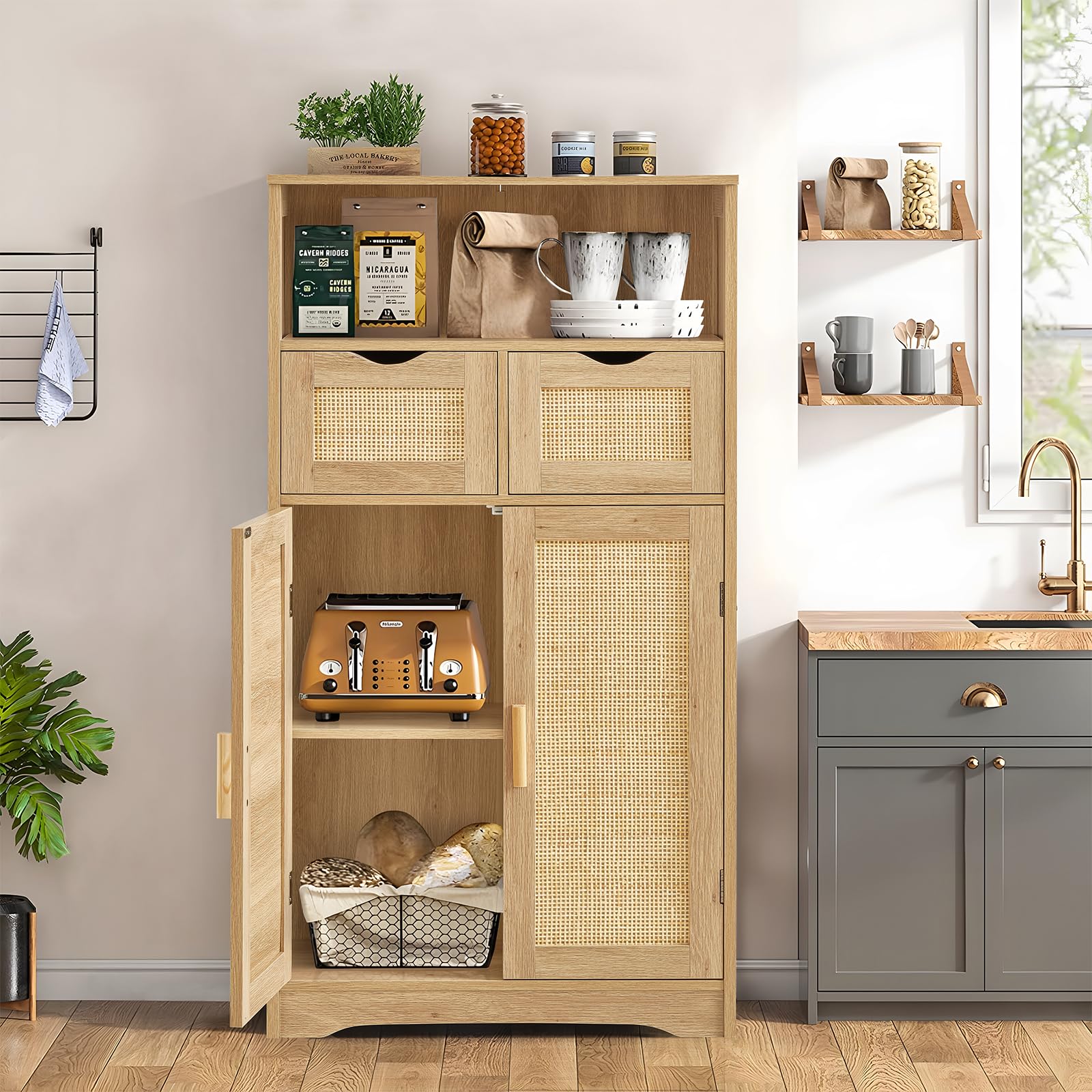 Cabinet, Bathroom Cabinet with 2 Rattan Doors & Rattan Cabinet with Doors, Accent