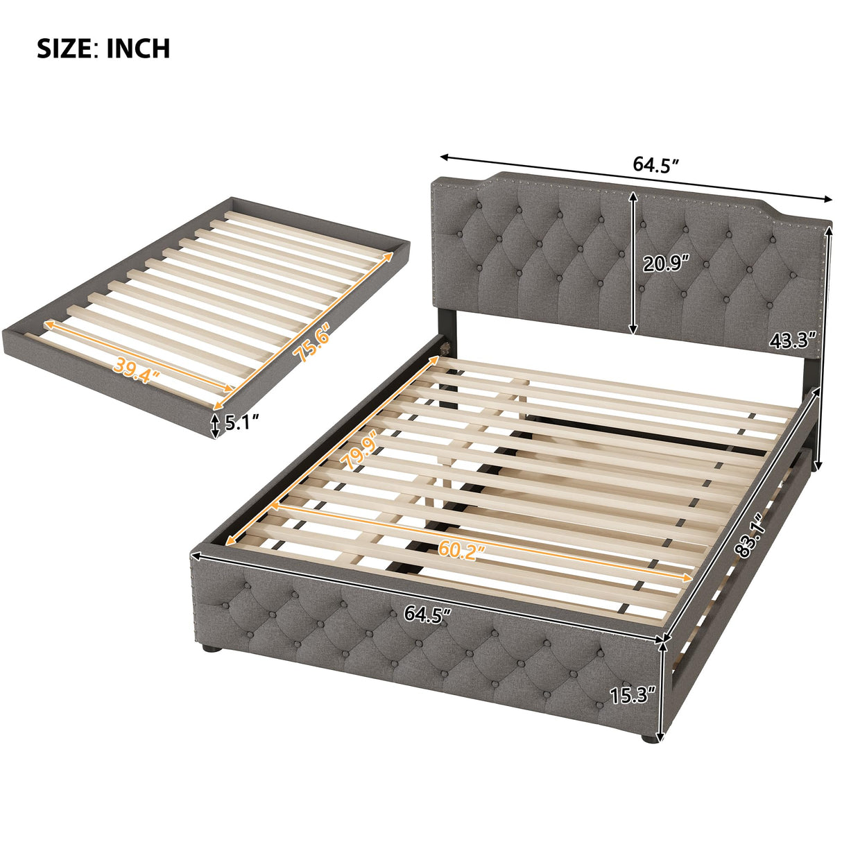 Queen Size Upholstered Platform Bed with Twin Size Trundle and 2 Sets of USB Ports