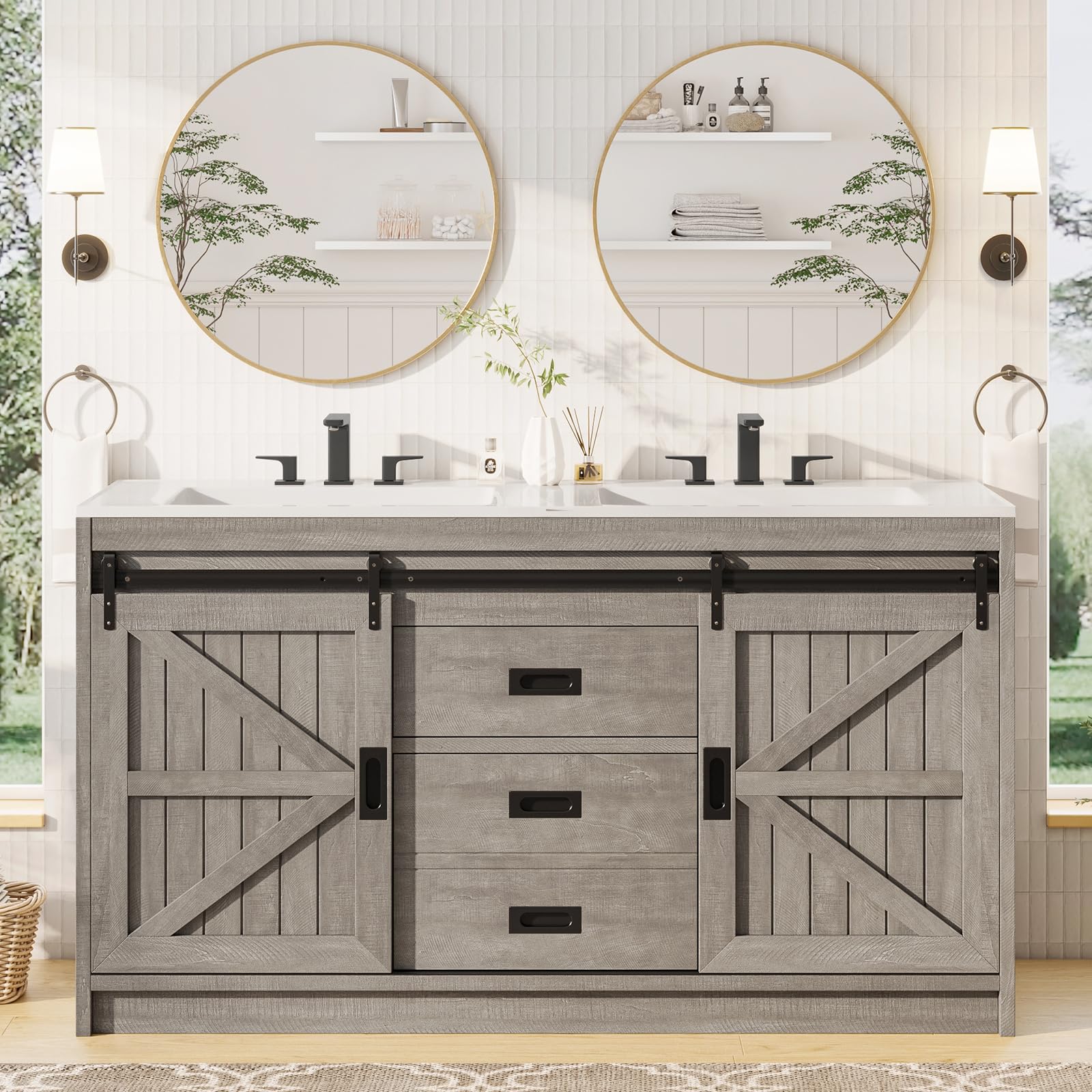 Double Farmhouse Bathroom Vanity with Sink, 61in Sliding Barn Door Bathroom Storage Cabinet