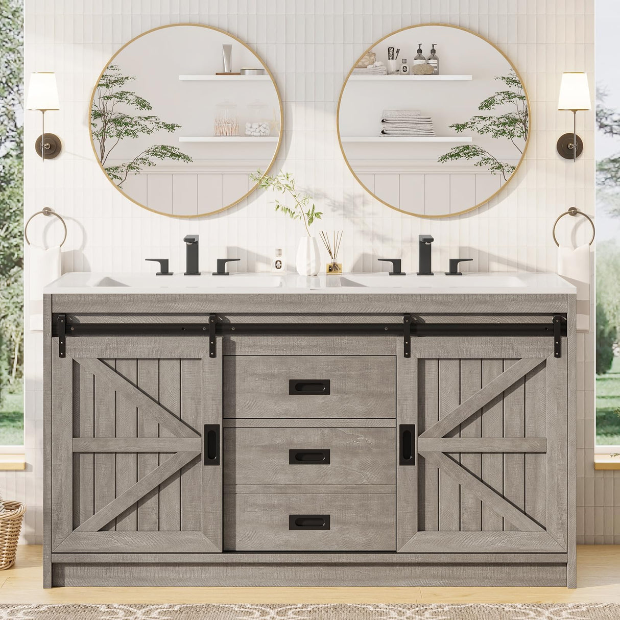 Double Farmhouse Bathroom Vanity with Sink, 61in Sliding Barn Door Bathroom Storage Cabinet
