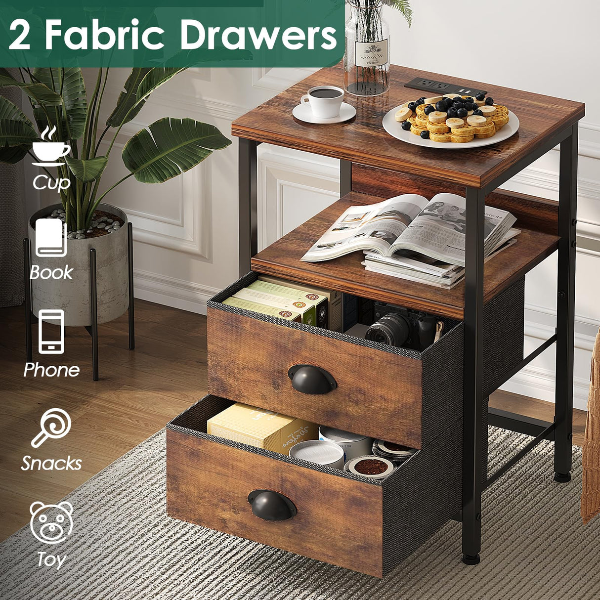 Nightstand with Charging Station,End Table with LED Light for Bedroom