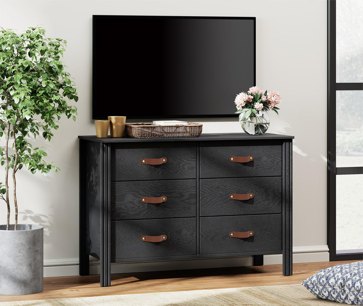 Black Dresser for Bedroom, Wood Dresser with 6 Drawers