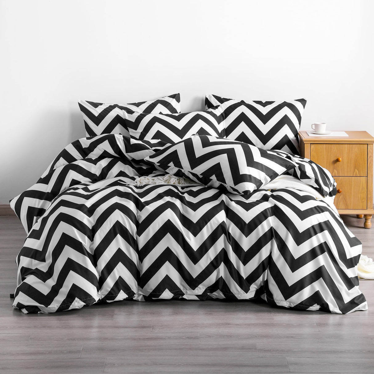 3 Pieces 100% Brushed Microfiber Striped Duvet Cover Set, Super Soft Black and