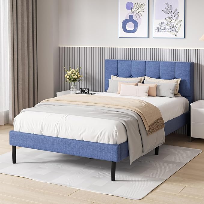 Full Bed Frame with Button Tufted Headboard, Fabric Upholstered Platform Bed Frame,