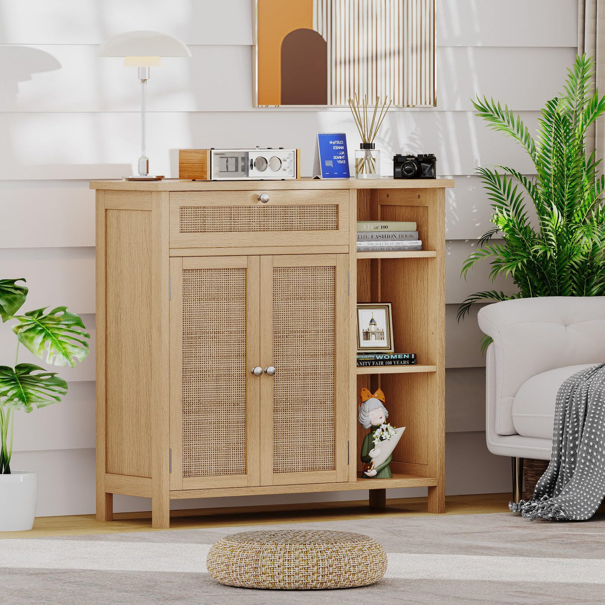 Bathroom Cabinet with Rattan Doors, Bathroom Floor Cabinet with Open Storage &