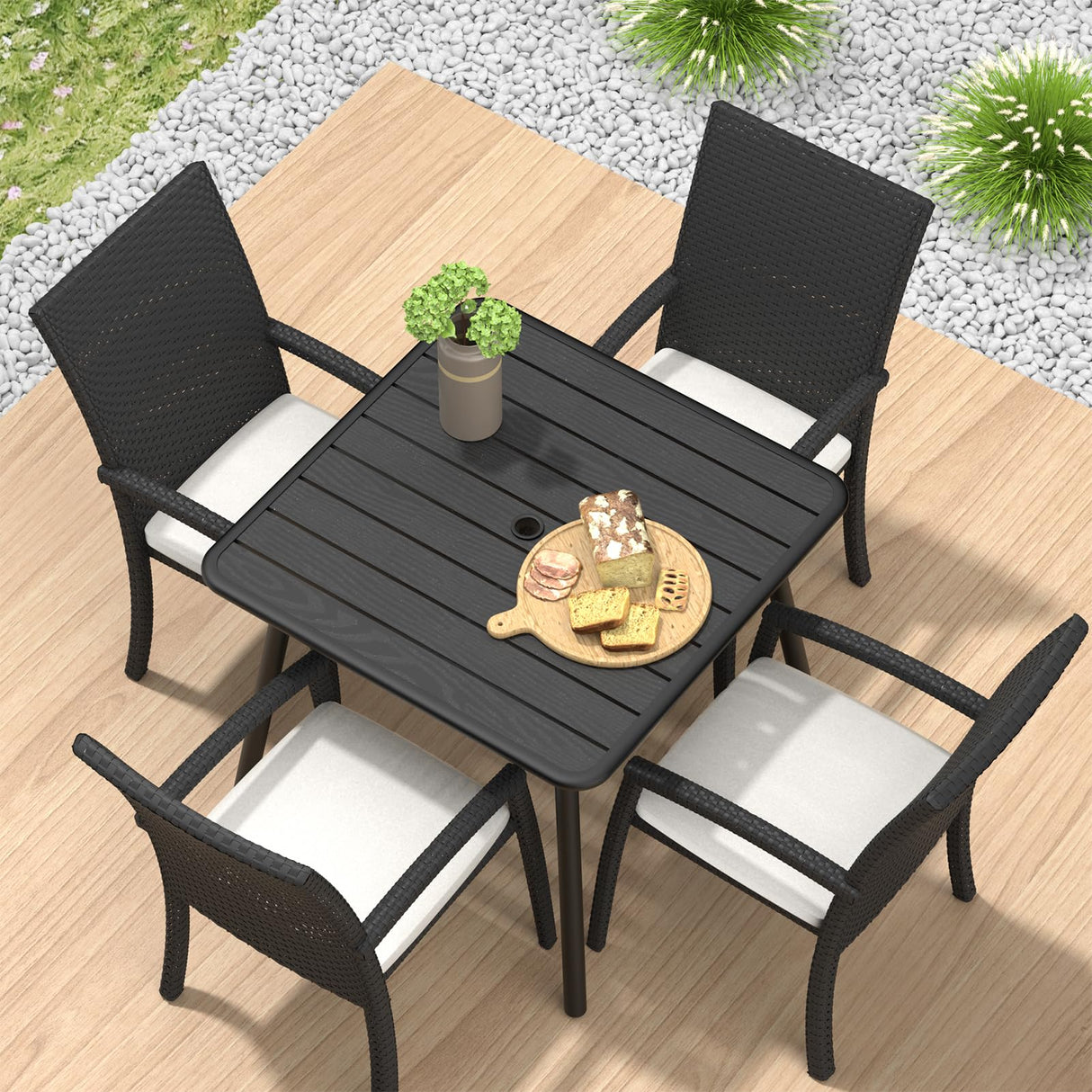 Square Metal Outdoor Dining Table with Umbrella Hole for Outside Patio, Black